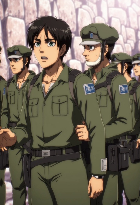 An illustration of Eren Yeager alongside his squad,  all equipped with omnidirectional gear,  preparing for an upcoming mi...