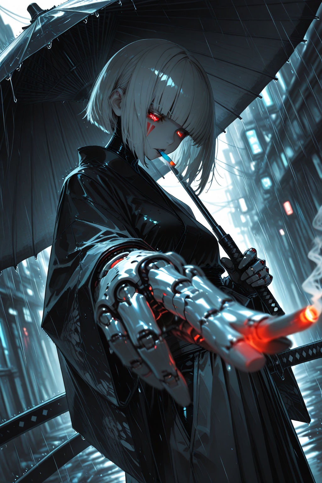 Masterpiece,best quality,amazing quality,newest,very aesthetic,(scenery:1.4),perfect proportions,perfect hands,8k,good anatomy,good shading,ultra detailed,refined details,high resolution,HD,masterwork,4ur4_illu,shiny.,1girl,solo,white_hair,blunt_bangs,short_hair,glowing_red_eyes,face_mark,cyberpunk,cybernetic_arms,female_samurai,katana,smoking,cigarette,tattoo,mechanical_arm,holding_weapon,traditional_clothes,kimono,hakama,black_umbrella,rain,rainy_weather,smoke,looking_down,fierce_expression,close-up,dramatic_lighting,grayscale_with_accent_color,mechanical_design,futuristic,detailed_clothing,asymmetric_design,high_detail,japanese_umbrella,intense_mood,cool_palette,motion blur,light rays,dutch angle,(depth of field:1.3),(foreshortening:1.4),(blurry edges:1.5).,