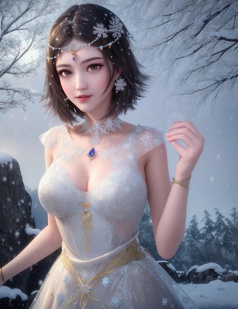 ultra realistic 8k cg, flawless, clean, masterpiece, professional artwork, famous artwork, cinematic lighting, cinematic bloom, perfect face, beautiful face, fantasy, dreamlike, unreal, science fiction,   lace, lace trim, lace-trimmed legwear, luxury, jewelry, diamond, gold, pearl, gem, sapphire, ruby, emerald, intricate detail, delicate pattern, charming, alluring, seductive, erotic, enchanting, hair ornament, necklace, earrings, bracelet, armlet,halo,autumn,((,1girl, pov,best quality, ))  , ((((1girl, solo,outdoors, large breasts,,snowflakes,  snow, snowing,   ))))    <lora:DA_BaiCai:0.7>