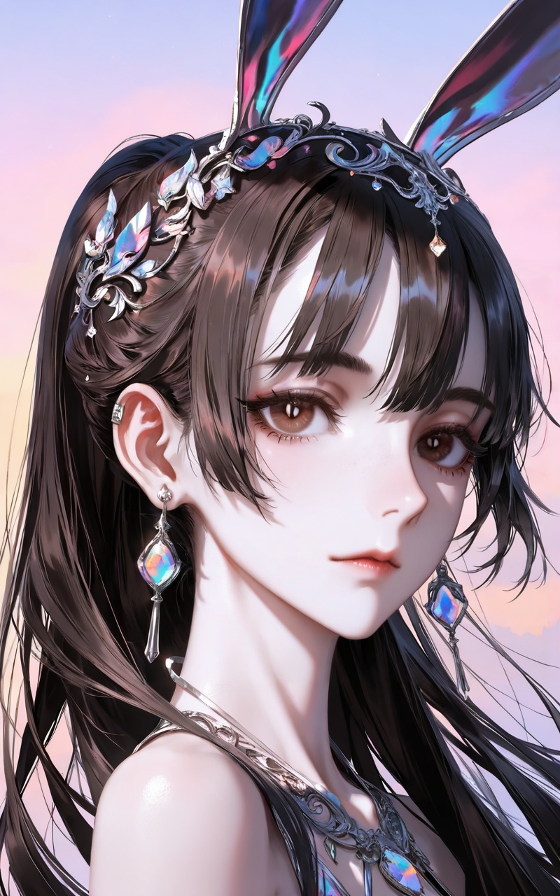 <lora:小舞ill-0.0793:0.6>,xiaowu,1girl,solo,hair ornament,long hair,looking at viewer,rabbit ear headwear,ponytail,brown hair,brown eyes,black hair,jewelry,earrings,portrait,close-up details,outstanding style,adding a touch of dimension to your images without compromising details,whirls of vapor,iridescent textures,(Anime:1.1),ethereal ambiance,delicate details,magical high-concept,32K UHD,sharp focus,best-quality,masterpiece,golden hour,unconventional supreme masterpiece,masterful details,temperate atmosphere,with a high-end texture,in the style of fashion photography,photography,cover,dynamic angle,dynamic posture,(artist:quasarcake:0.8),extreme aesthetic,(wlop:0.6),(honjou raita, lack, rella:0.5, wanke),masterpiece,best quality,good quality,very aesthetic,absurdres,visual impact,a shot with tension,ultra-high resolution,32K UHD,sharp focus,best-quality,masterpiece,emotionalization,unconventional supreme masterpiece,masterful details,temperate atmosphere,with a high-end texture,in the style of fashion photography,(visual impact:1.2),giving the poster a dynamic and visually striking appearance,impactful picture,official art,colorful,splash of color,movie perspective,masterpiece,best quality,amazing quality,very aesthetic,absurdres,best quality,newest,