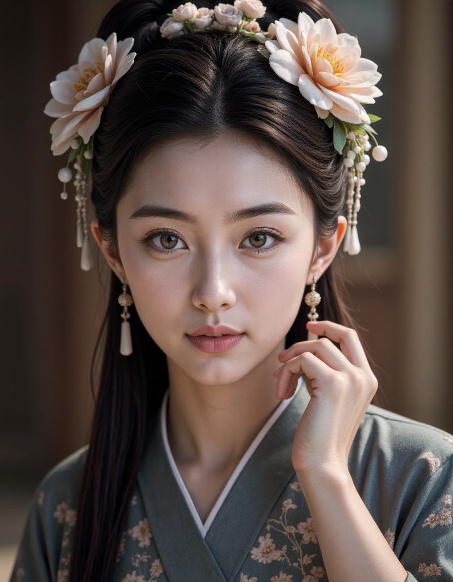 cinematic, 1girl, solo, earrings, jewelry, realistic, looking at viewer, long hair, brown hair, blurry background, hair ornament, flower, blurry, hair flower, hair bun, portrait, closed mouth, chinese clothes, blue eyes, upper body, hanfu