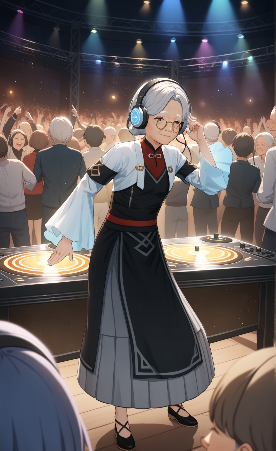 8k, best quality, masterpiece, (ultra-detailed), (high detailed skin), An elderly woman stands behind a DJ booth, wearing headphones and a stylish outfit. She skillfully mixes tracks on the turntables, her face lit with enthusiasm as she moves to the beat. The crowd cheers, captivated by her energy and talent, proving that age is no barrier to enjoying music and fun, <lora:ping-gui-A3-Tanger:0.8>,( pingll, pingll's def clothes:1.1), old woman, old, 1girl, grey hair, black footwear, pingll's dress, full_shot, The nightclub is vibrant, with colorful flashing lights and an urban, edgy decor featuring graffiti murals. A large disco ball casts shimmering reflections on the packed dance floor, where a diverse crowd dances energetically. The air is filled with excitement, laughter, and cheers, blending with the thumping music. A "Retro Night" banner hangs above the stylish, elderly DJ, enjoying the lively, inclusive atmosphere., 