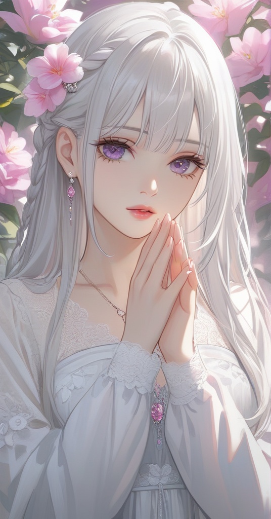 (best quality), ((masterpiece)), (highres), illustration, original, extremely detailed,<lora:古风·丝路恋语:0.7>licg,1girl, hair ornament, solo, flower, hair flower, jewelry, necklace, long hair, white hair, upper body, parted lips, own hands together, dress, looking at viewer, bangs, purple eyes, braid, pink flower, realistic, long sleeves, white dress, pink eyes, lips, collarbone