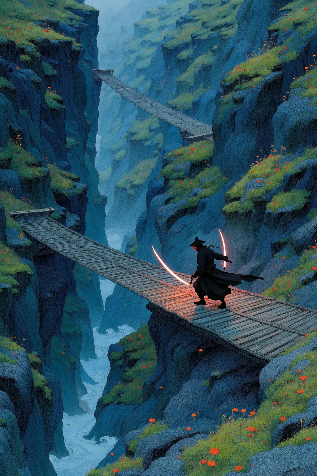 beijihui,a shadowy martial artist stands on a narrow rope bridge between haunted cliffs,twin spirit blades floating beside him,wind shrieking **** whispers,upward diagonal composition for vertical pressure,