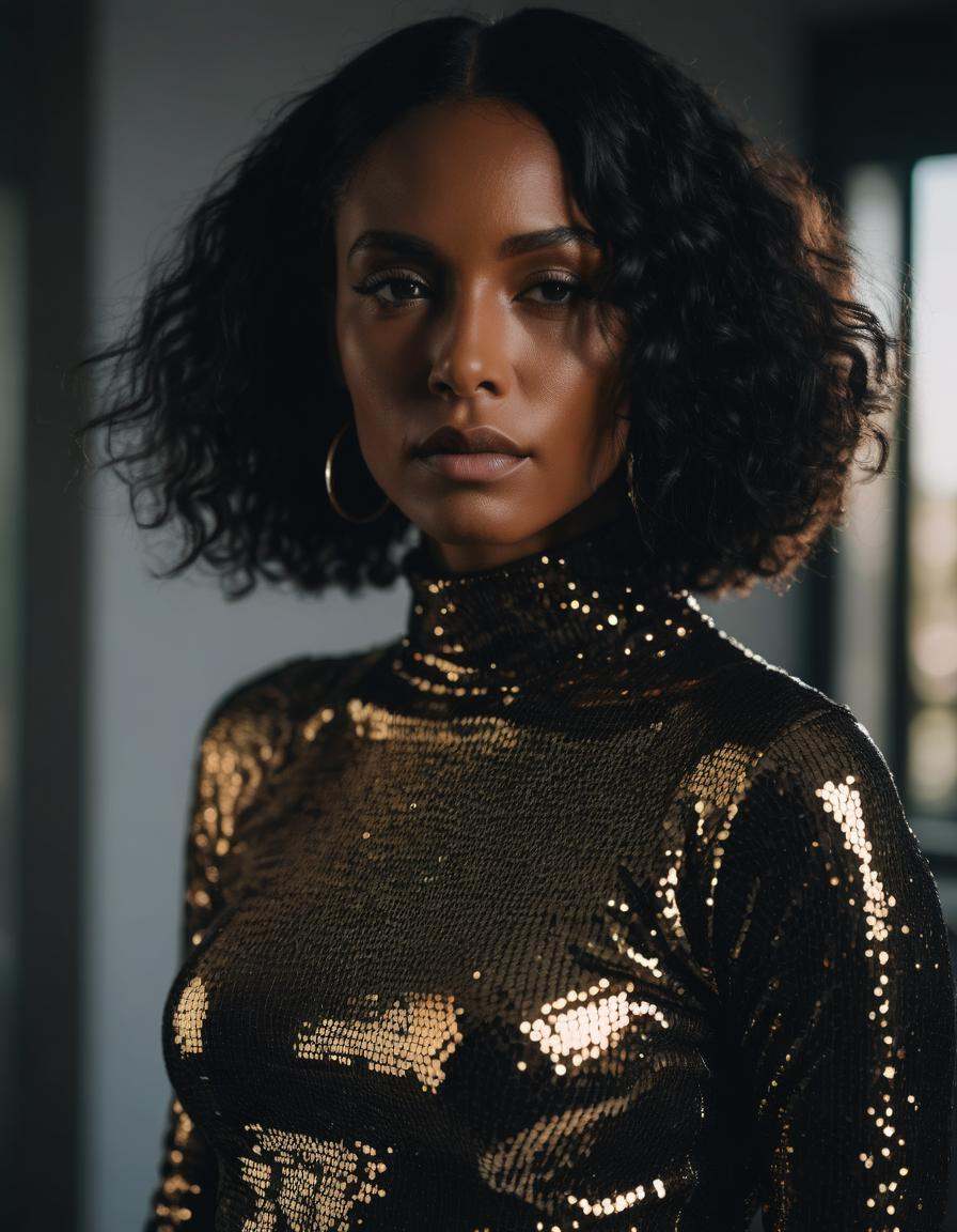 a character photo portrait of a Barbadian woman with brunette hair Wearing a modern, cut-out turtleneck sweater with a sequined midi skirt., unsplash, light and space, dramatic light on face, realistic face moody lighting, light falling on face