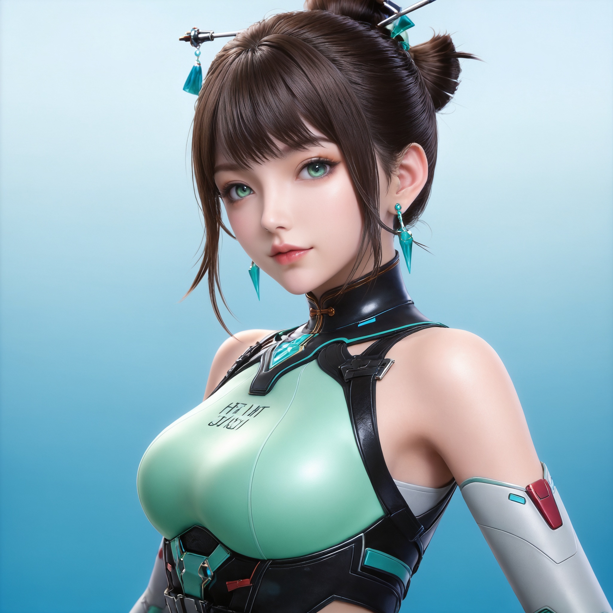 <lora:CF-虹儿-绿Pony:0.7> 1girl, hair ornament, hair bun, brown hair, green eyes, earrings, hair stick, bare shoulders, elbow gloves,  white gloves, bodysuit,utility belt,, solo,upper body,looking at viewer,gradient background,gradient,blue background,black background,