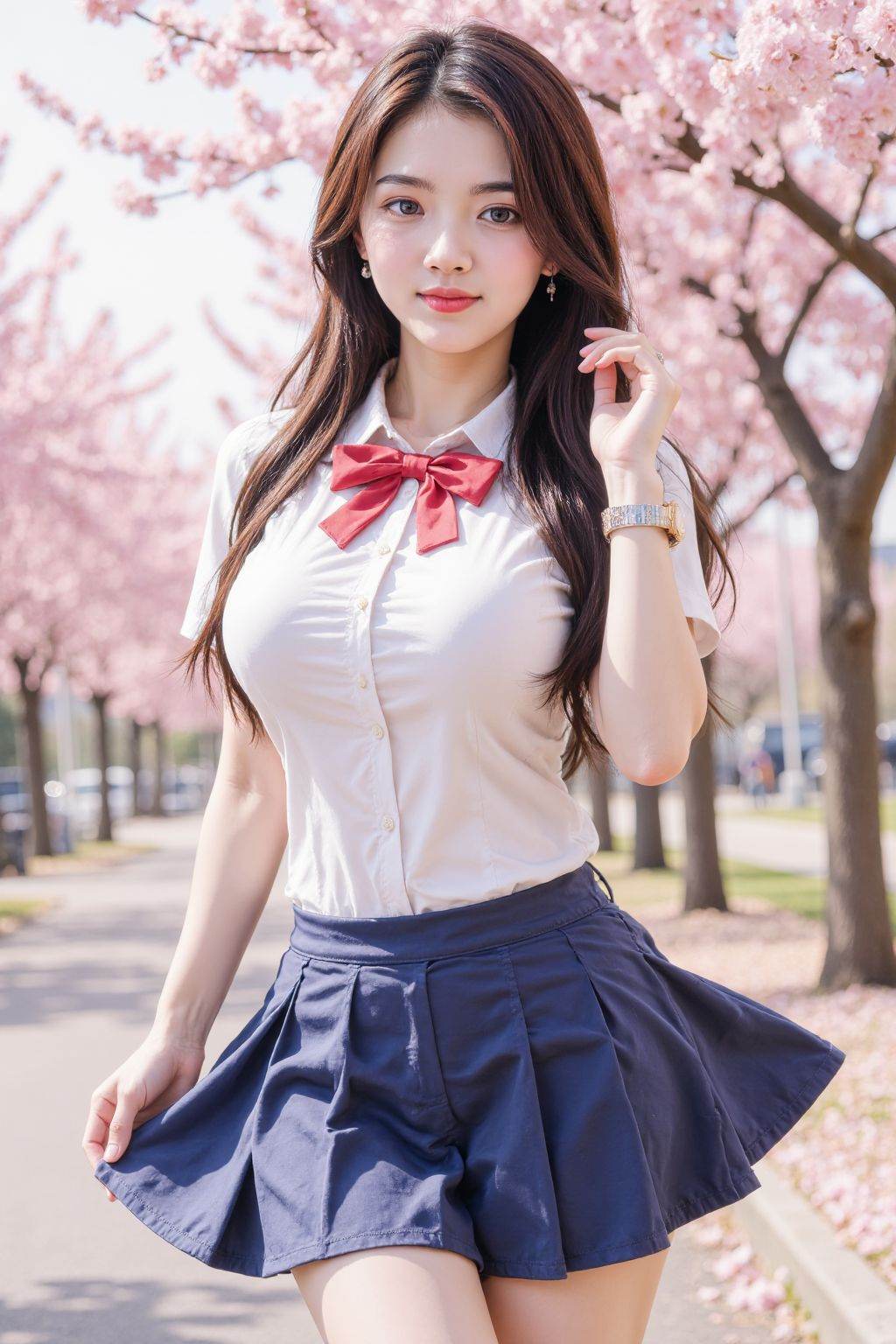1girl,school uniform,skirt,smirk,solo,long hair,looking at viewer,peach tree,peach blossom,petals,closed mouth,