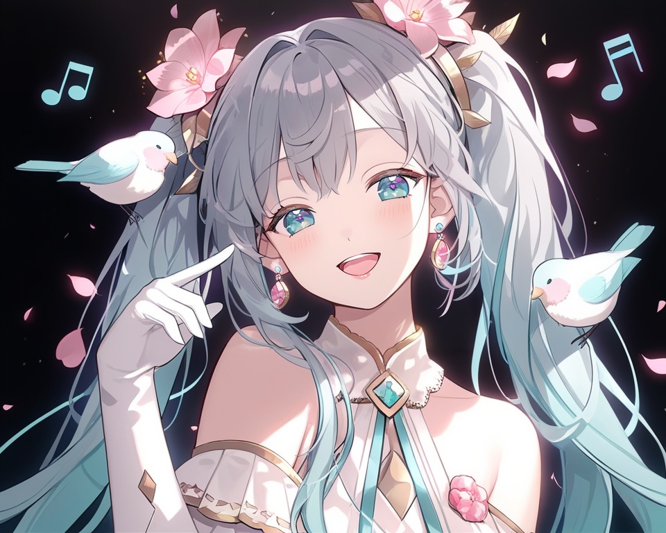 (best quality), ((masterpiece)), (highres), illustration, original, extremely detailed, <lora:淡彩の华美病娇:0.7> 1girl, bird, long hair, gloves, open mouth, musical note, twintails, solo, jewelry, hair ornament, earrings, white gloves, smile, hair flower, hatsune miku, flower, upper body, elbow gloves, petals, black background, blue eyes, :d, bangs, bare shoulders, dress, pink flower, hand up, animal, eighth note, grey hair, animal on shoulder