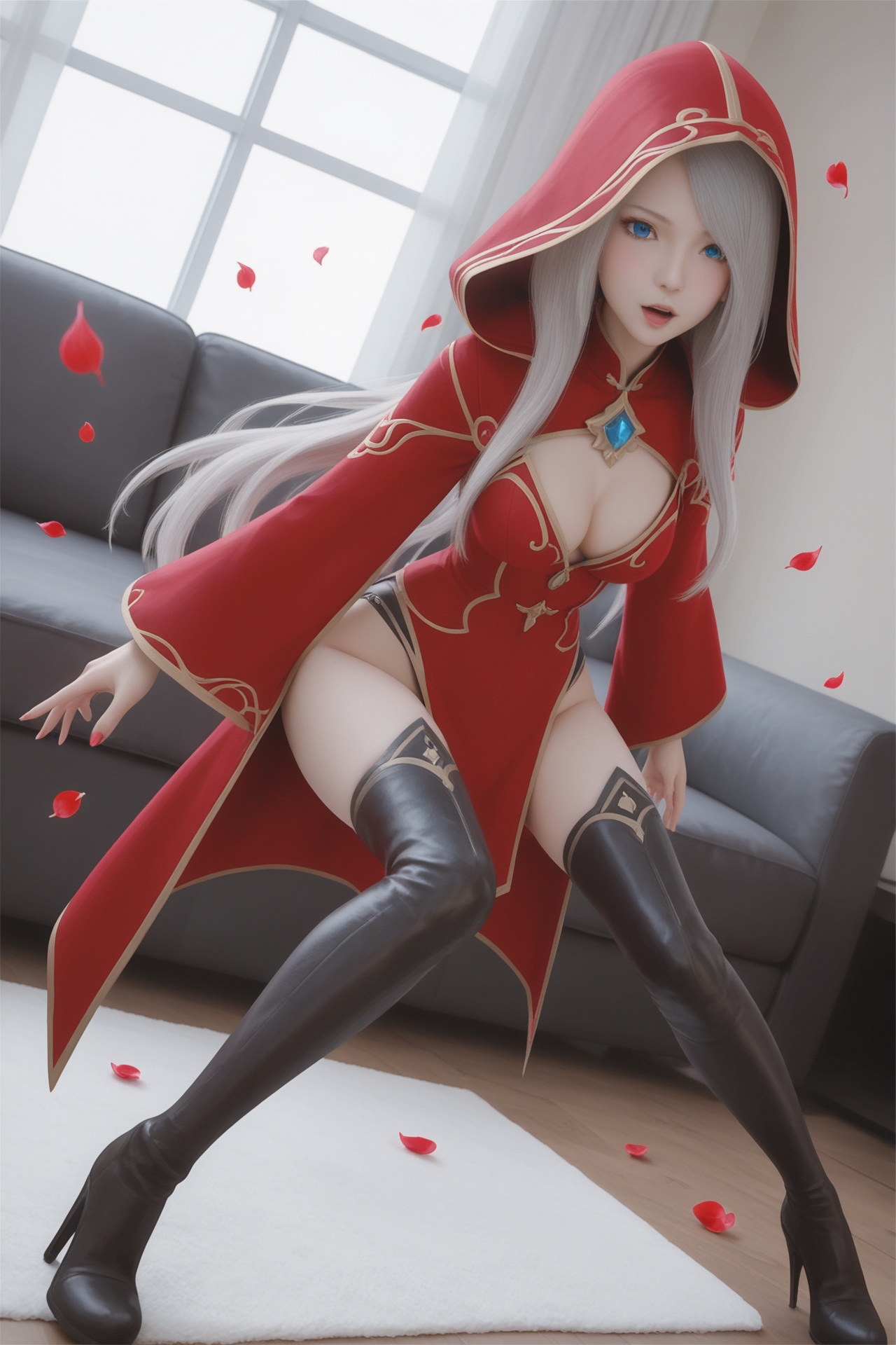 aejt,<lora:aejtXL:0.5>,score_9,score_8_up,source_anime,score_7_up,extremely aesthetic,high contrast,rich tones,vibrant colors,high saturation,highly detailed,ultra-high resolution,32K UHD,sharp focus,best-quality,masterpiece,unconventional supreme masterpiece,masterful details,temperate atmosphere,with a high-end texture,in the style of fashion photography,Dynamic Angle,Dynamic posture,detailed living room,1girl,looking at viewer,pale skin,long hair,jewelry,long sleeves,thighhighs,female orgasm,falling petals,hood,high heel boots,cleavage,medium breasts,wide sleeves,red leotard,white hair,blue eyes,grey hair,