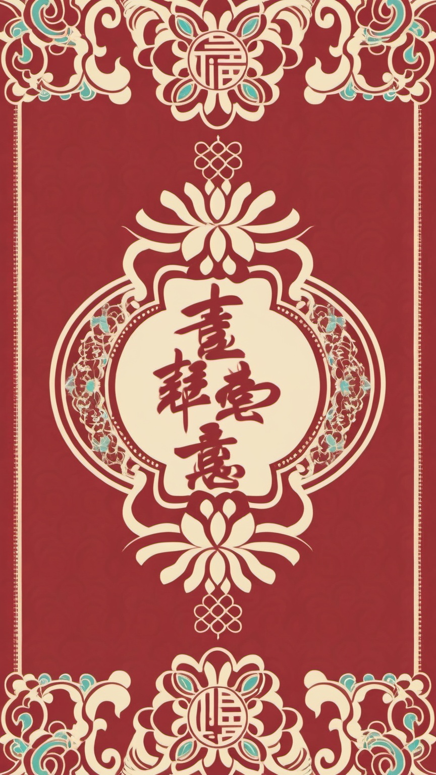 hongbao,A snazzy digital drawing with a fancy, old-school Chinese design on a deep red background. Intricate floral and geometric patterns in cream and teal fill the corners. Smack in the middle, there's a big, fancy oval frame with Chinese calligraphy and a heart. The whole thing screams traditional Chinese art with its detailed and symmetrical style.,<lora:hongbao_v1-000012:1>
