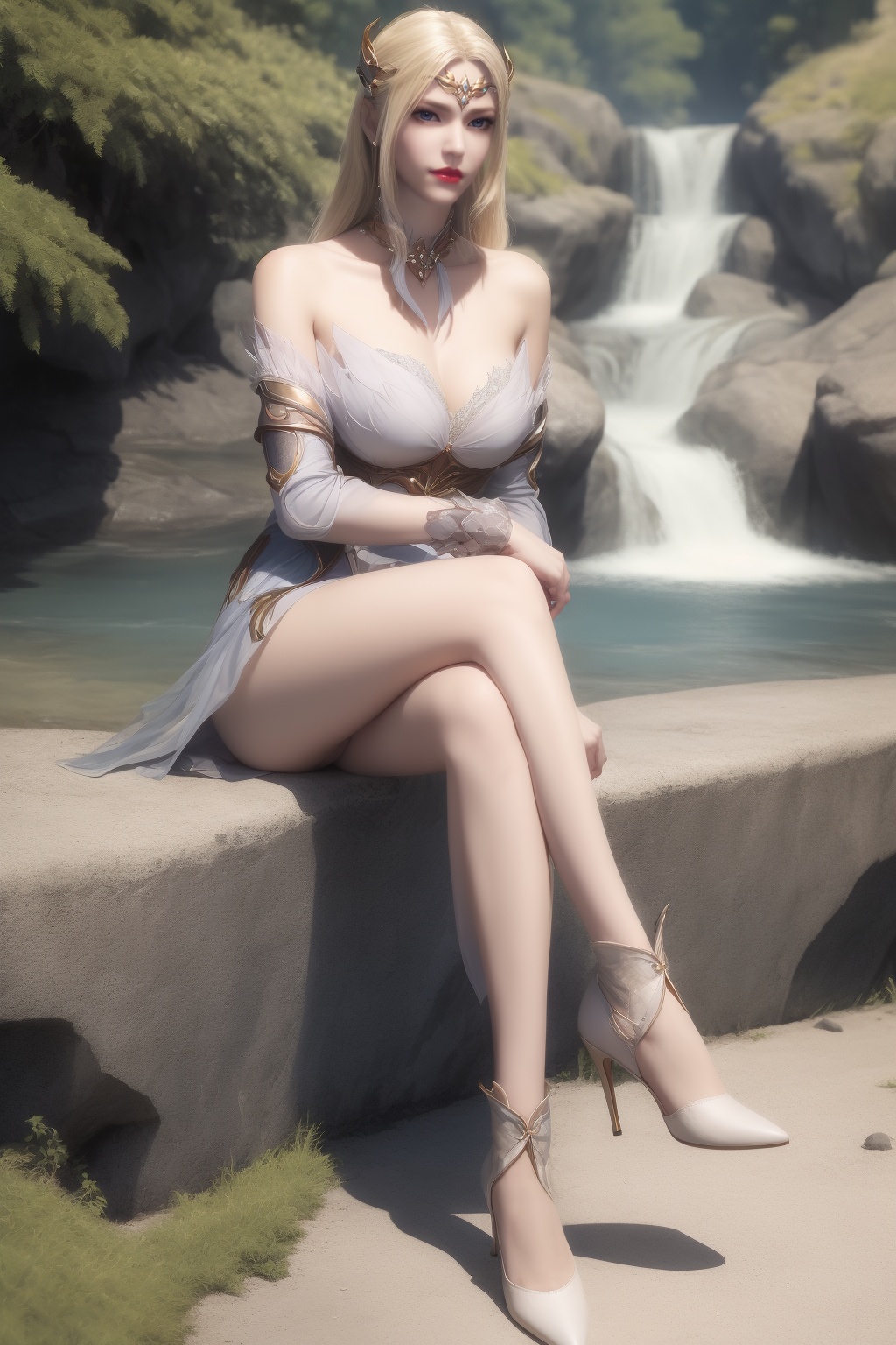 ultra realistic 8k cg,flawless,clean,masterpiece,professional artwork,famous artwork,perfect face,beautiful face,best quality,full_shot,absurdres,shenfengQianRenXue,1girl,solo,armor,dress,sitting,crossed legs,feathers,blonde hair,blue eyes,detached collar,detached sleeves,circlet,torogao,smile,makeup,red lips,breasts,large breasts,jewelry,earrings,hair ornament,(outdoors:1.4),water,waterfall,butterfly,flower,long hair,realistic,looking at viewer,boots,high heels,<lora:shenfengQianRenXue_20240104234202-000004:0.7>,