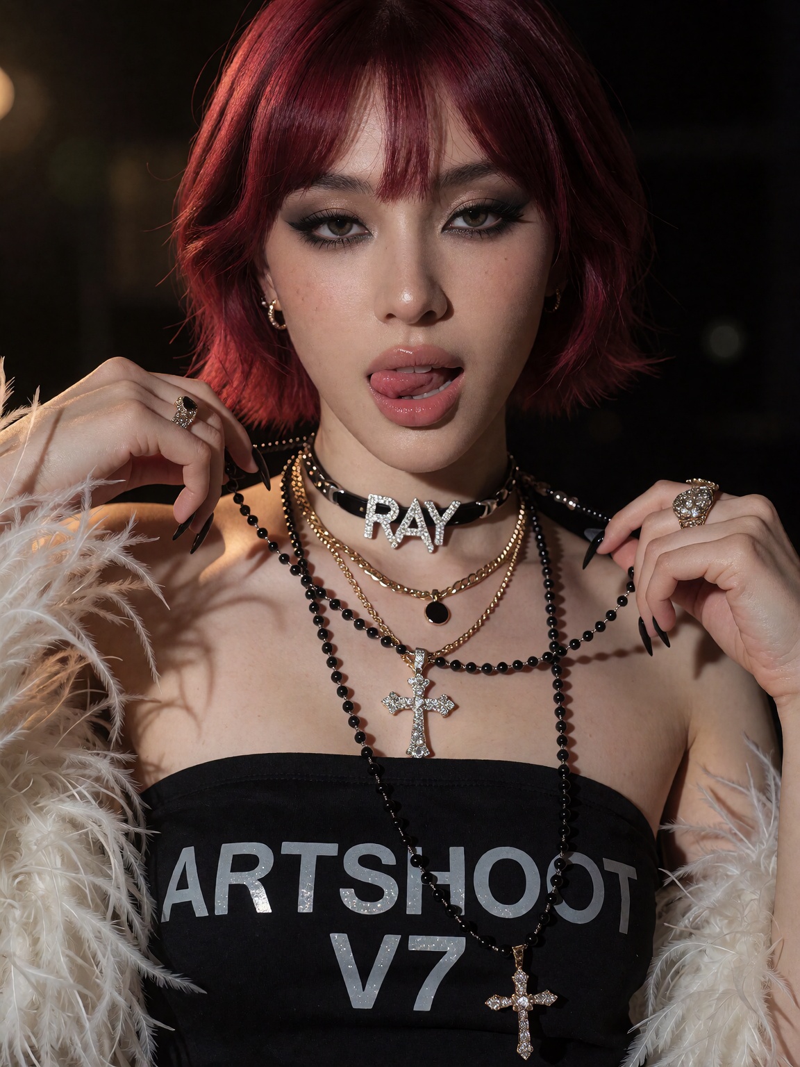 This is a highly realistic fashion portrait depicting a young woman with vibrant,  textured red short hair,  its bangs add...