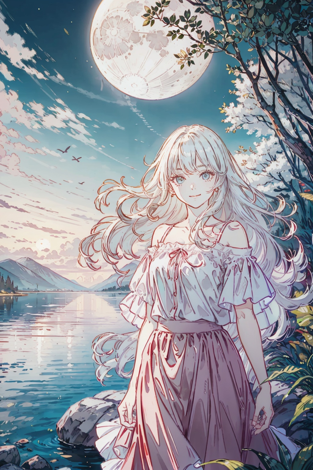masterpiece,best quality,cinematic lighting,extremely detailed CG unity 8k wallpaper,Evening,.1girl,Silver long hair,flowing long hair,green eyes,pink clothes,white skirt,side gaze towards the camera,looking towards the camera,by the lake,in the wilderness,in the surrounding forests,full moon in the sky,moonlight reflected in the lake,lake reflections,distant mountains,birds,clouds,sunny,summer.Half-length photo,smile,big blue eyes,<lora:Marker Illustration:1>,