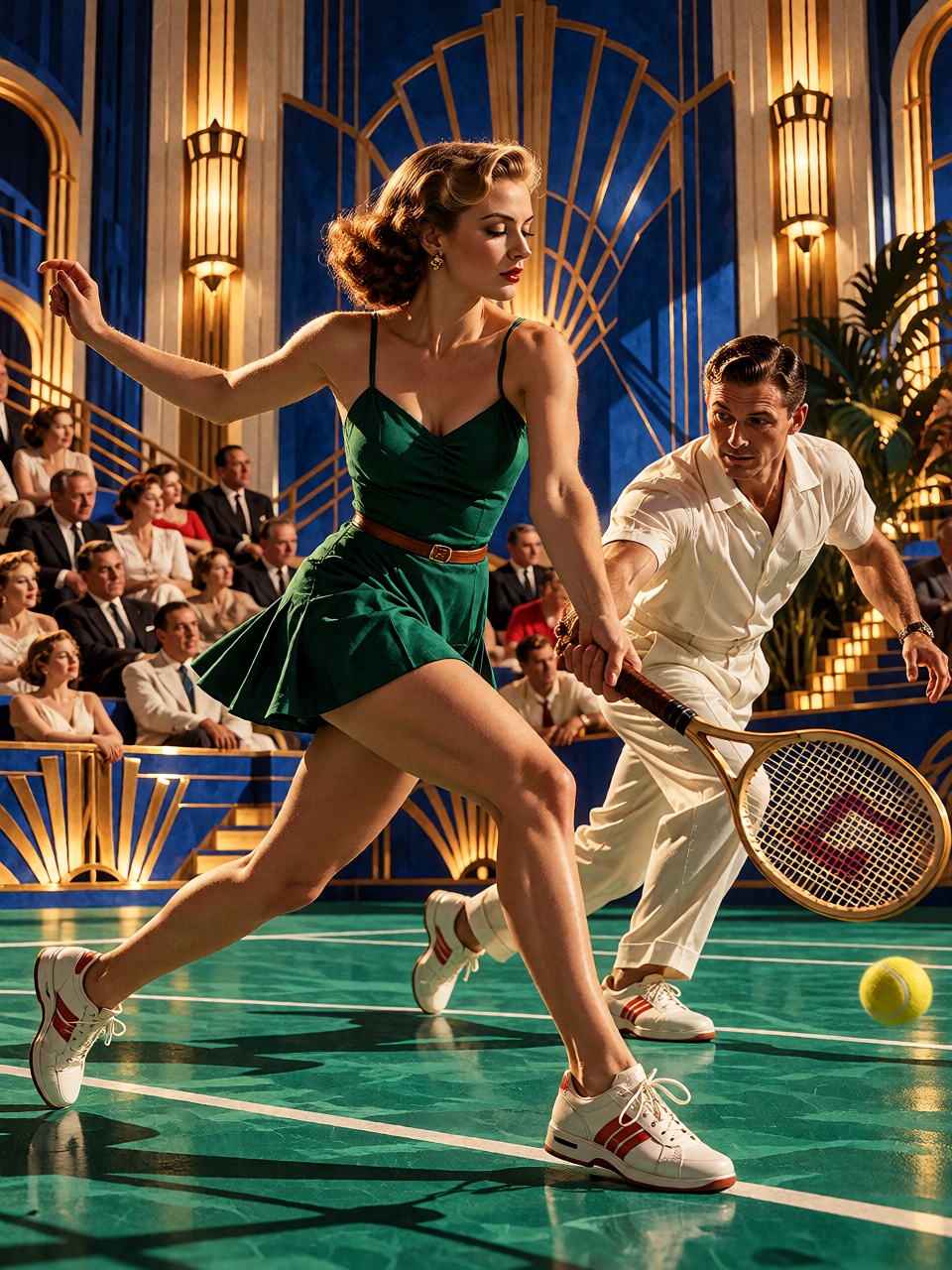 A young ***** woman and a young ***** man playing a doubles tennis match on a geometric Art Deco court,  captured mid-rall...