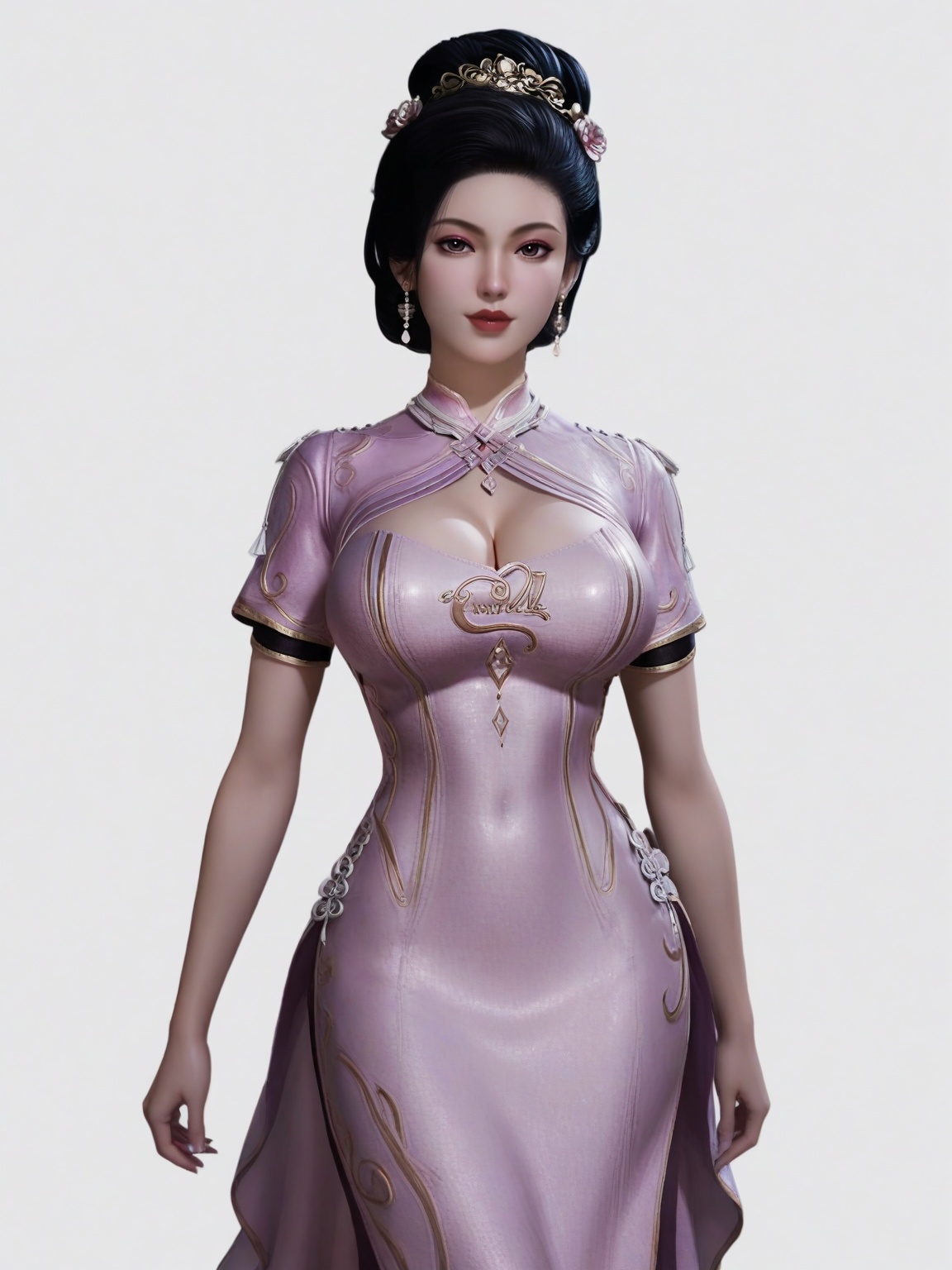 score_9,<lora:SF_NanShuiShui_Pony_Realism2.3-000003:0.7>,hair ornament,black hair,dress,eyeshadow,1girl,breasts,large breasts,dress,short sleeves,lipstick,solo,looking at viewer,white background,simple background,