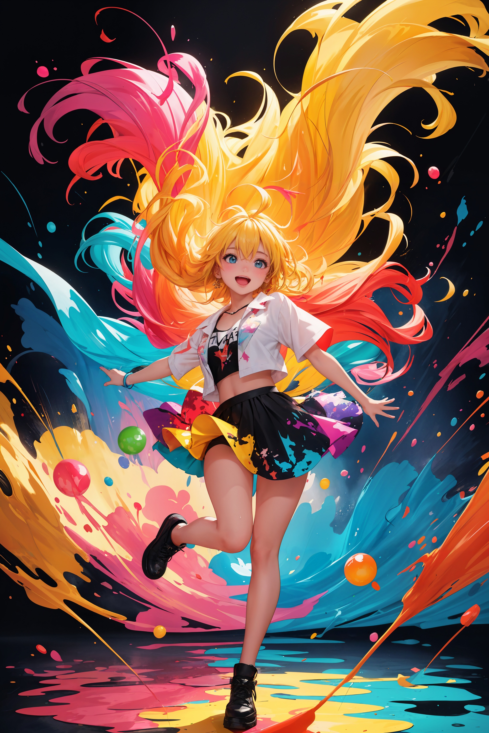 An illustration of a girl surrounded by a vibrant, multicolored paint background, reminiscent of abstract expressionist paintings by Jackson Pollock. The girl stands in the center of the composition, her blonde hair flowing gracefully. The colors in the background are a riot of hues, merging and blending together in an explosion of energy and creativity. The lighting is dynamic, with splashes of light and shadow falling across the scene, adding depth and dimension. The atmosphere is lively and joyful, reflecting the girl's playful spirit amidst the colorful chaos.