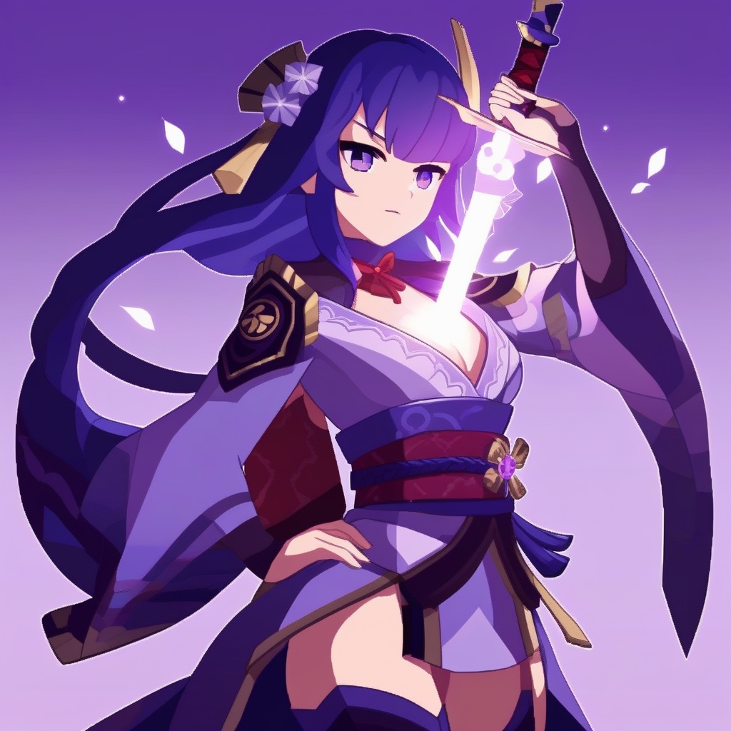 pixel-art Raiden_shogun is pulling a blade from her chest,masterpiece,best quality,<lora:raidenxl3-8-000012:0.6>, . low-res, blocky, pixel art style, 8-bit graphics