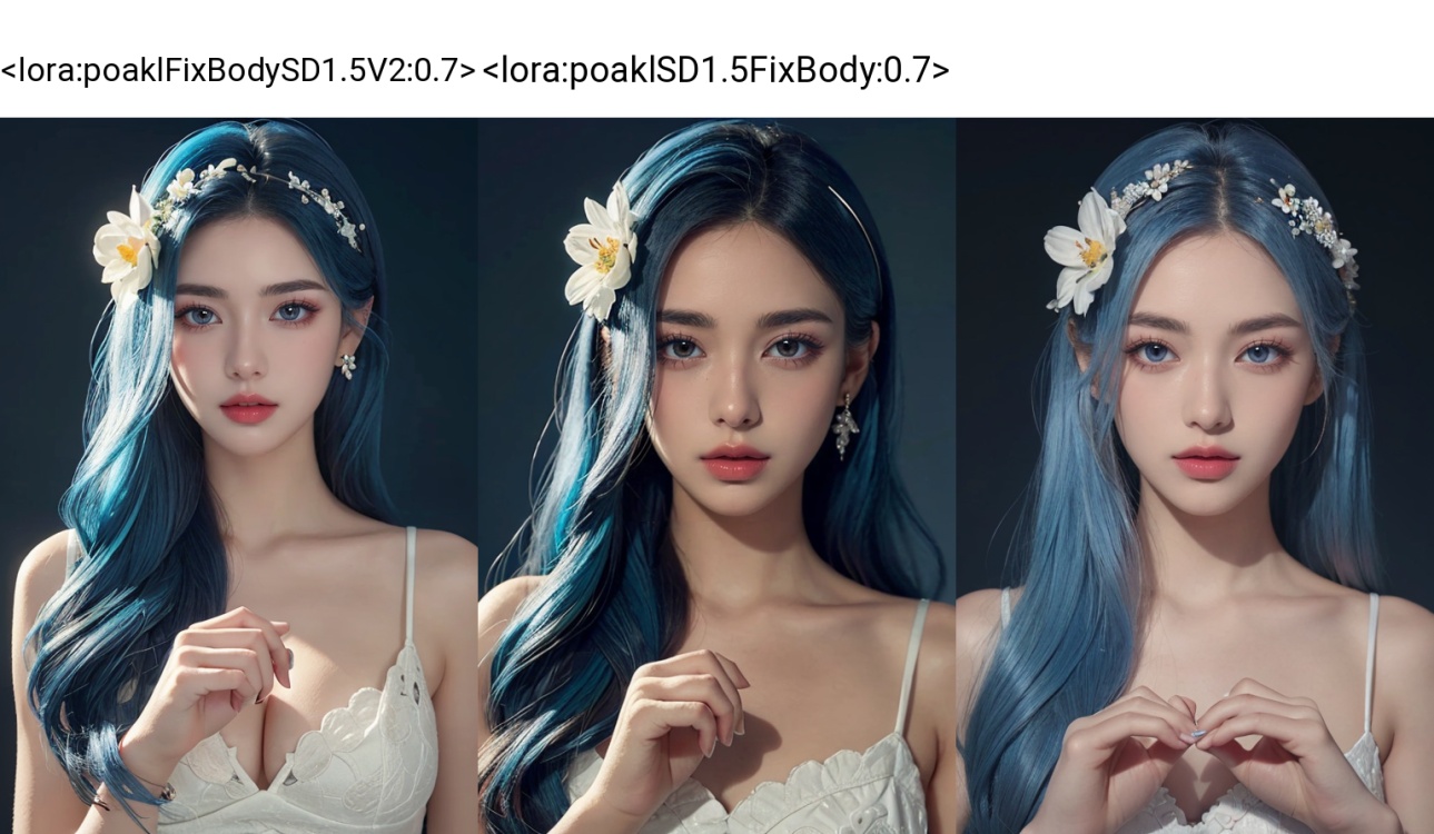 1girl,solo,hair ornament,flower,hair flower,perfect hands,makeup,blue hair,eyelashes,show her hands,((poakl)),<lora:poaklFixBodySD1.5V2:0.7>,