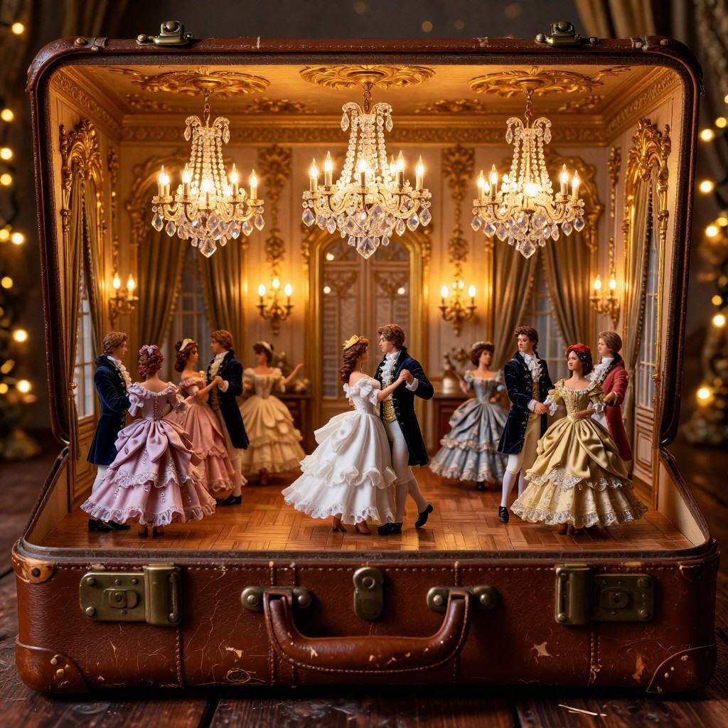Surrealist miniature diorama,  a weathered vintage brown leather suitcase open to reveal a lavish 18th-century Rococo ball...