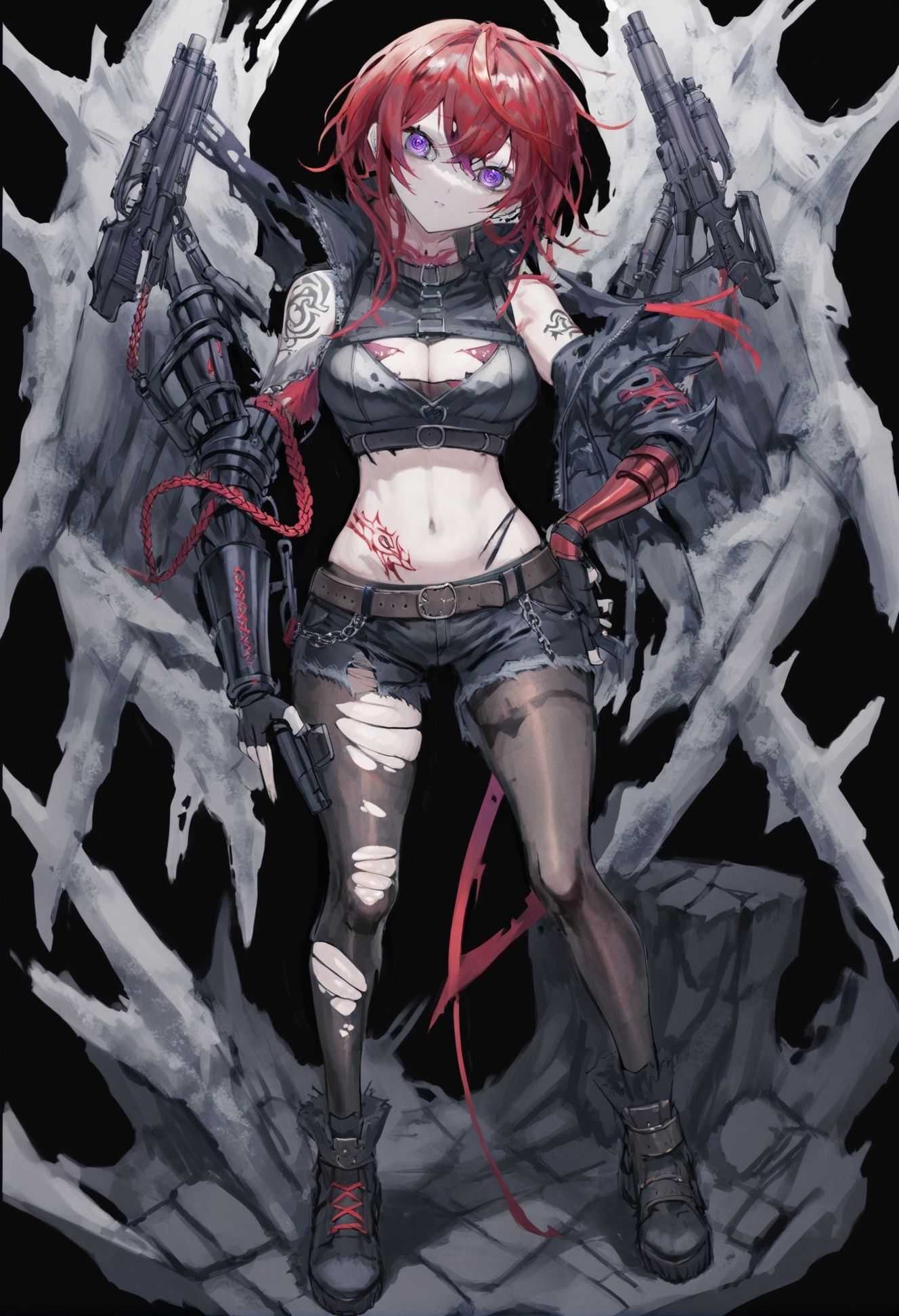 masterpiece, best quality, 1girl, solo , red hair, gloves, mechanical arms, fingerless gloves, torn clothes, gun, shorts, breasts, tattoo, purple eyes, black background, single mechanical arm , pantyhose, black gloves, looking at viewer, single pantsleg, boots, belt , crop top, full body, midriff, torn pantyhose  <lora:ziyunXLlokr8f-000180:0.95>