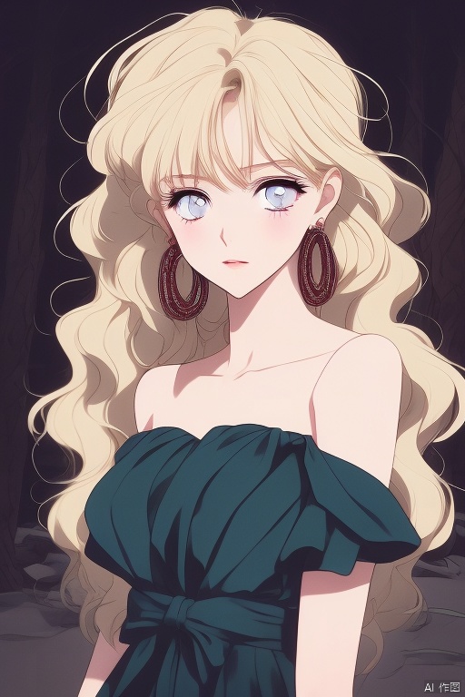 mnmhf,1girl, jewelry, long hair, earrings, blonde hair, solo, wavy hair, looking at viewer, blue eyes, bare shoulders, blurry, parted lips, blurry background, upper body, parted bangs, dress, off shoulder, depth of field<lora:EMS-344925-EMS:0.800000>