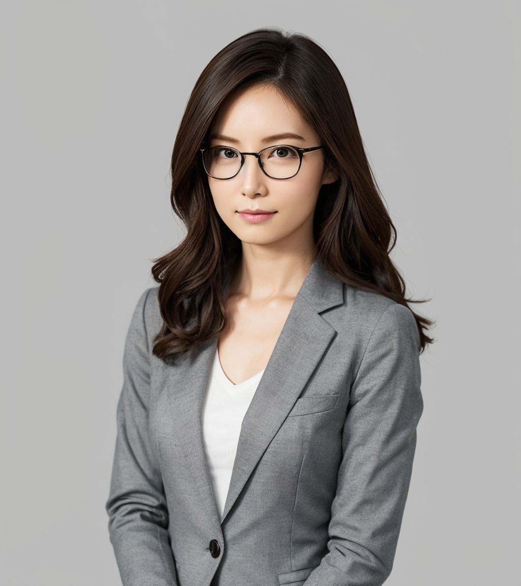<lora:aki-000010:0.85>,aki,(upper body),realistic,1girl,solo,(wavy long hair:1.2),(looking at viewer),light_smile,(closed mouth:1.3),glasses,pleated design,deep gray color,grey suit jacket,simple and elegant design,tailored fit,formal wear,professional attire,modern style,clean lines,minimalist fashion,sleek silhouette,office wear,business attire,chic and sophisticated,neutral tones,contemporary design,simple background,grey background,