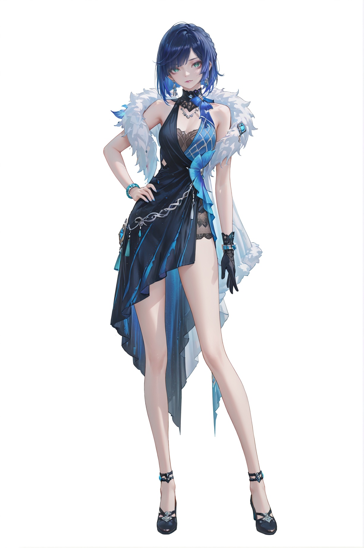 8k,best quality,masterpiece,(ultra-detailed),(high detailed skin),(artist:reoen:0.826446),(artist:machi:0.9),(artist:ningen_mame:0.9),(artist:sho_(sho_lwlw):0.9),(artist:rhasta:0.9),(artist:wlop:0.7),(artist:ke-ta:0.6),(fkey:0.5),(tianliang duohe fangdongye:0.5),(hiten \(hitenkei\):0.6),best quality,amazing quality,(artist:onineko:0.826446),very aesthetic,bokeh,masterpiece,best quality,<lora:wqmt-gnoob-Tanger:0.6>,Path to Nowhere  \(video game\),game CG,cool,full body,full shot,standing,looking at viewer,(solo:1.2),simple background,(white background:1.2),hand on own hip,(white background:1.1),<lora:yela_new-ill-Tanger:0.8>,yelan \(genshin impact\),clothes: yelanew blue-and-black dress,yelanew alternate costume,1girl,yelanew single glove,jewelry,bracelet,blue hair,bangs,green eyes,sleeveless,fur trim,