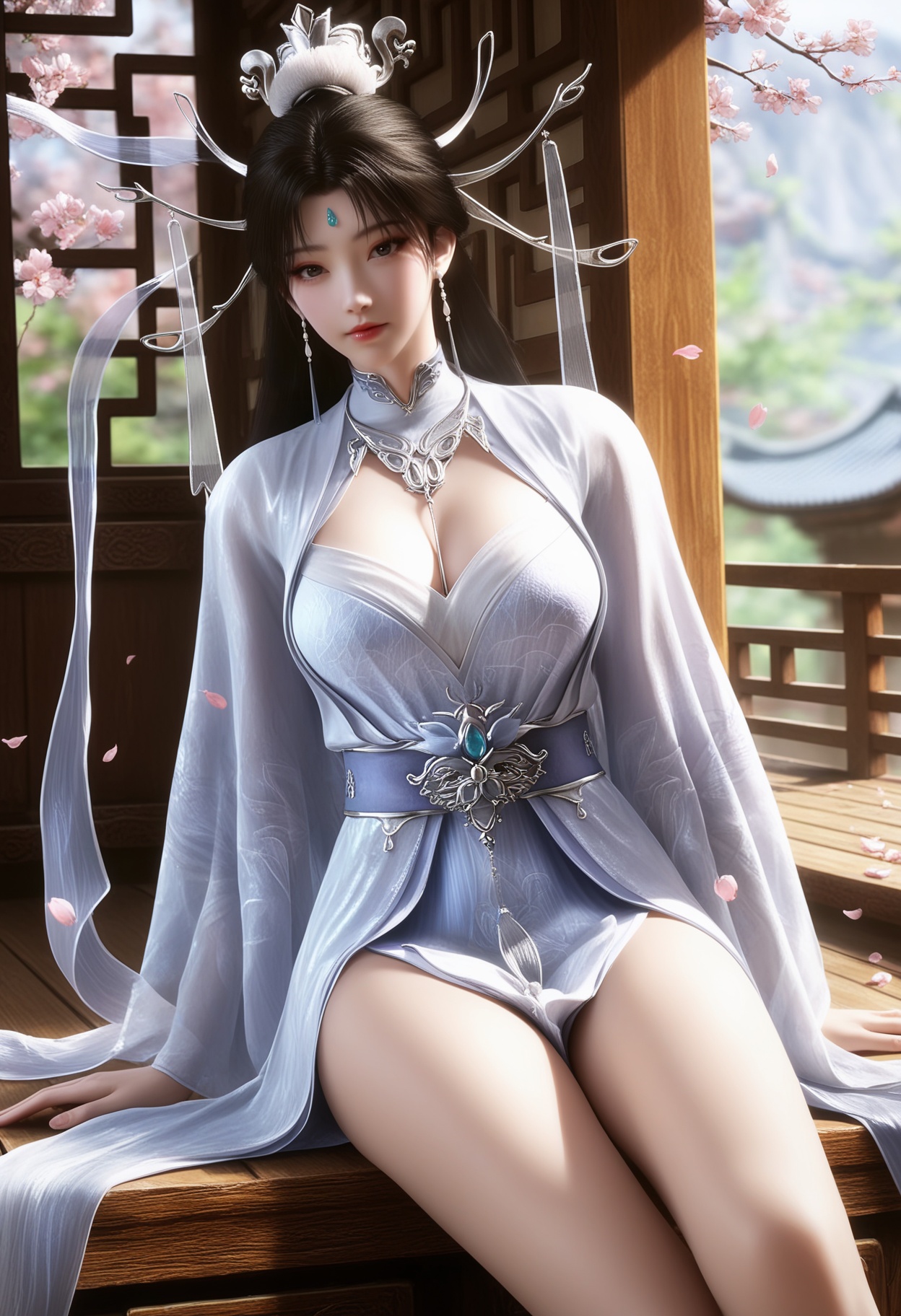 masterpiece,best quality,amazing quality,very aesthetic,high resolution,ultra-detailed,absurdres,scenery,photorealistic,(looking at viewer:1.1),(moody lighting:1.1),peach blossom,falling petals,(large breasts:0.8),chuyue,1girl,solo,black eyes,black hair,long hair,earrings,jewelry,dress,white dress,hair ornament,chinese clothes,forehead mark,hair bun,expressionless,closed mouth,long sleeves,shawl,bare legs,shoes,sitting BREAK photorealistic details,<lora:QQSillchuyueV1:0.8>,