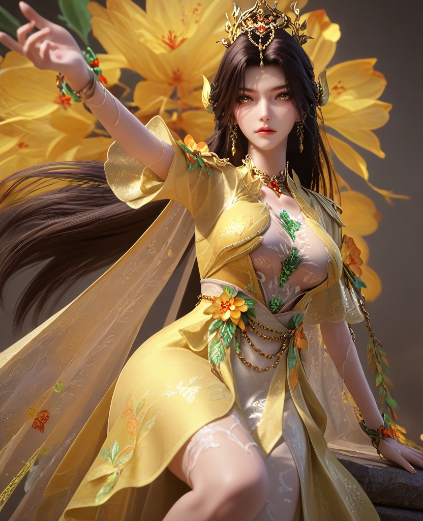 (Sitting with one leg raised and arms reaching forward:1.1),(large breasts:1.2),<lora:XL16云深不知梦羲和‌篆木符:0.95>,miss xihe,yellow overdress with white inner dress,white inner dress,yellow eyes,mole under left eye,black hair,absurdly long hair,hair ornament,jewelry,faux floral embellishments,vines bracelet,chain cape,, score_9,score_8_up,score_7_up,score_6_up,score_5_up,score_4_up,3d rendering,tag1,tag2, Cinematic Lighting,backlighting,
