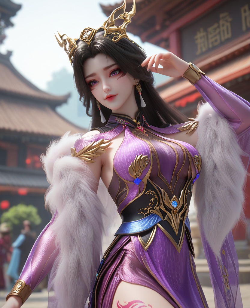 (oriental architecture, elegant decor, sophisticated style:1.1),(Posing with hands on head, fingers interlocked,:1.1),(breasts:1.2),<lora:XL16百炼成神司妙玲:0.95>,miss simiaoling,purple dress,purple eyes,lips,eyeshadow,facial mark,black hair,long hair,hair ornament,earrings,jewelry,fur shawl,sash,black underskirt,leg tattoo,, zPDXL2, score_9, score_8_up, score_7_up BREAK realistic, masterpiece,best quality, highly detailed,, zPDXL3, zPDXL2,zPDXL, zPDXLxxx, zPDXLrl,