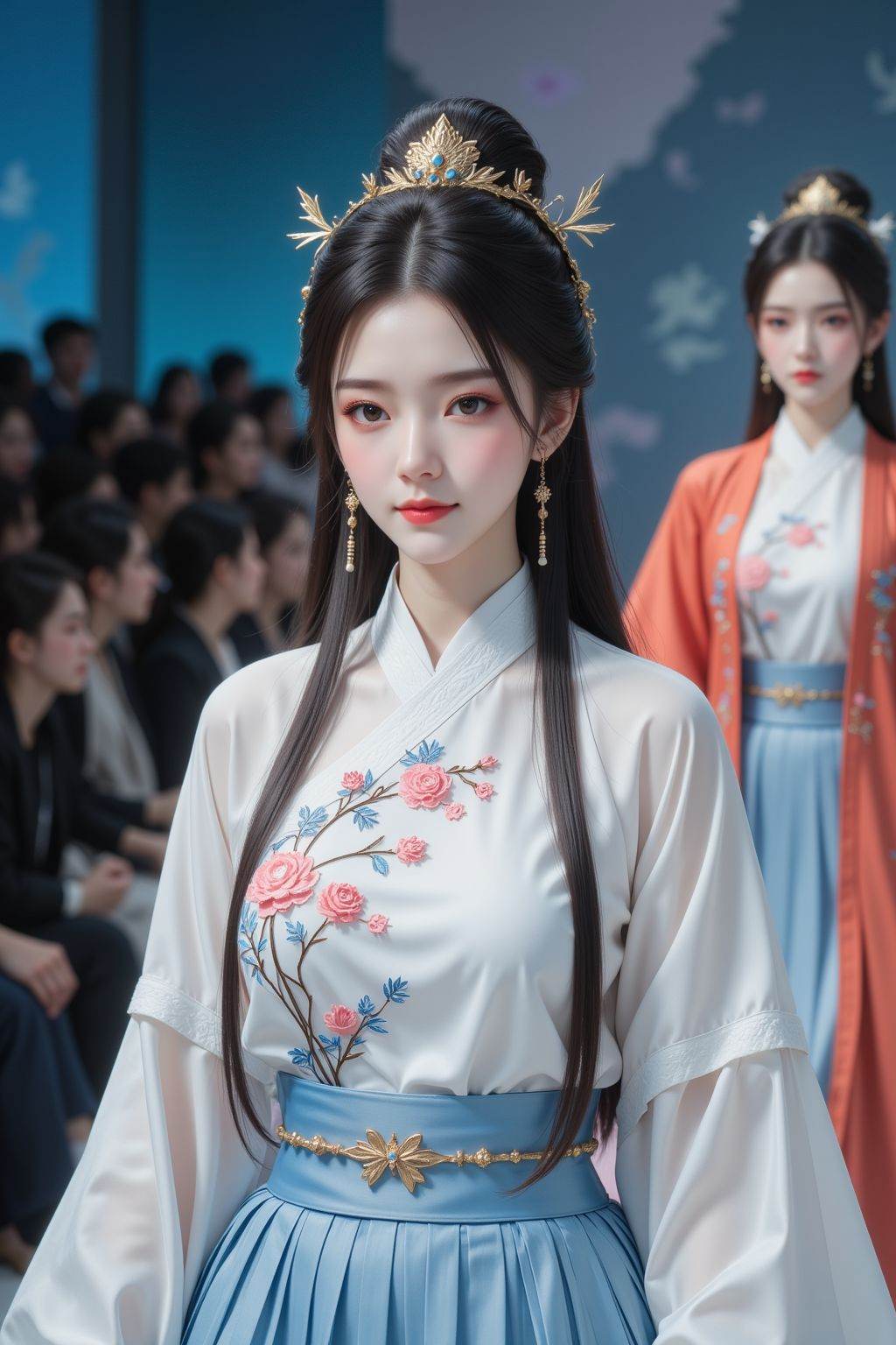 Fuji camera filter,Catwalk,Vogue Runway K-pop models walk the catwalk,young woman,black long hair,brown eyes,smile,full body,simple outfits,turtleneck clothes and a pleated blue skirt,hanfu,embroidery,dao robe,flower paint,and you can see the catwalk when you look from the side.