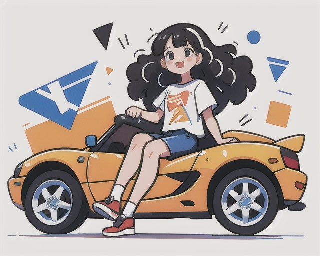 1girl, T-shirt, curly hair, long hair, open sports car, full body, Sitting in the car