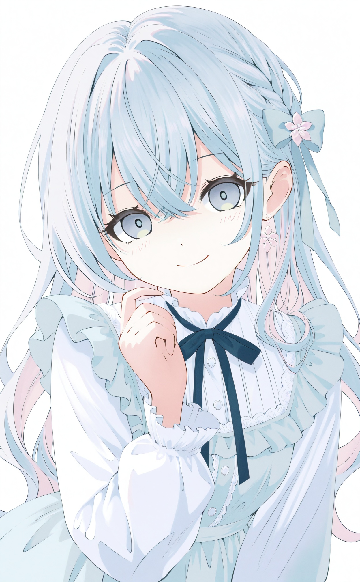 masterpiece,absurdres,best quality,((petite)),loli,high quality,chromatic_aberration,shiny_skin,//,1girl, solo, smile, dress, neck_ribbon, long_hair, long_sleeves, looking_at_viewer, simple_background, bow, white_background, pink_hair, ribbon, earrings, jewelry, frills, closed_mouth, multicolored_hair, flower_earrings, blue_hair, shirt, virtual_youtuber, hair_between_eyes, pinafore_dress, crossed_bangs, hair_bow, braid, flower, white_shirt, colored_inner_hair, sleeveless_dress, blue_eyes, upper_body, hair_flower, sleeveless, head_tilt, frilled_dress, black_ribbon, hair_ornament, two-tone_hair, light_blue_hair, blush, blue_bow, hand_up, blue_dress, dot_nose, grey_hair, grey_eyes//,<lora:れあちーず——【CKXL】hans:1>,