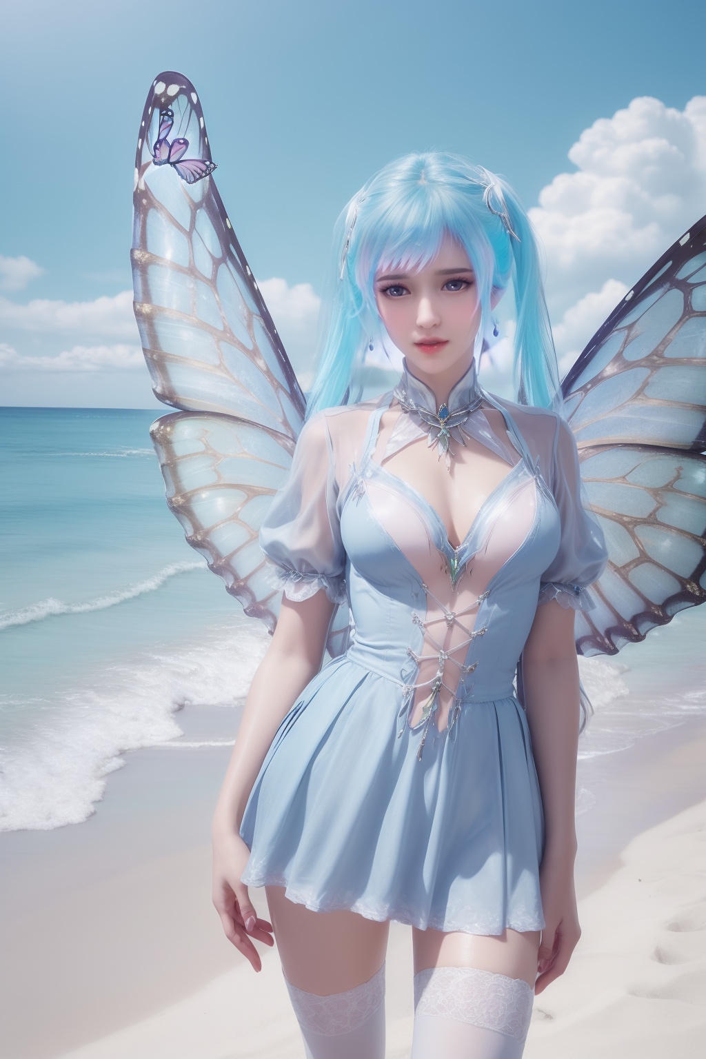 photo_\(medium\),(8k, RAW photo, best_quality),(masterpiece:1.2),(realistic:1.2),(photorealistic:1.3),(ultra-detailed),(extremely_detailed_cg_8k_wallpaper),(crystal_texture_skin:1.3),(shiny:1.2),(shiny_skin:1.4),(extremely_delicate_and_beautiful),Summer,Beach,Sea,sunshine,shenfengTangWuTong,1girl,solo,torogao,dress,blue hair,gradient hair,blue theme,twintails,standing,butterfly,butterfly wings,pleated skirt,white thighhighs,wings,jewelry,hair ornament,lips,realistic,looking at viewer,<lora:shenfengTangWuTong_20240511230122-000006:0.7>,