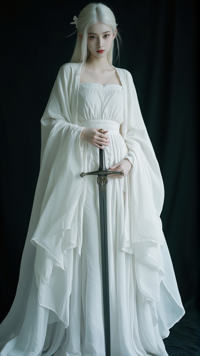 neomj,<lora:neomj古风v9_15:0.8>,A women with white hair and pale skin,wearing a flowing white gown,is holding a sword. The background is dark,