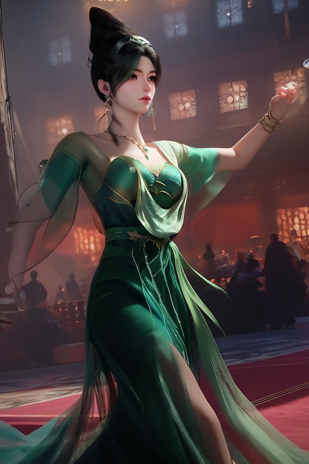(Dancing in a moonlit courtyard, she swirls in a flowing gown, the embodiment of grace and elegance:1.2),(looking at viewer:1.1),<lora:XL16神国之上唐雨:0.95>,miss tangyu,green corset dress,sheer overdress,brown eyes,black hair,green streaked hair,hair updo,necklace,bracelet,jewelry,(large breasts:1.2),, score_9,score_8_up,score_7_up,score_6_up,score_5_up,score_4_up,3d rendering,tag1,tag2, Cinematic Lighting,backlighting,