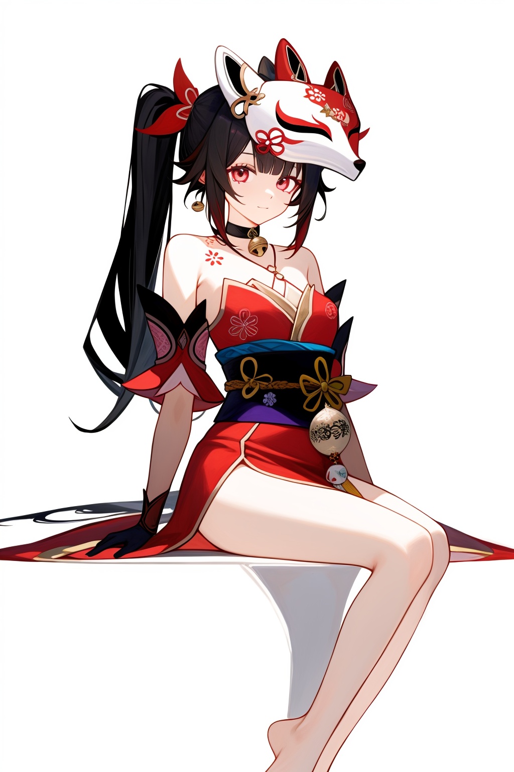 <lora:nai3画风bysdlion-000035:1.0:lbw=outall>  <lora:花火v2:0.9:lbw=char> 1girl, huahuo, twintails, bare shoulders, fox mask, mask on head, red dress, detached sleeves, black gloves, jingle bell, choker, obi, kimono, tattoo, barefoot, (masterpiece,best quality,high quality:1.2),absurdres,