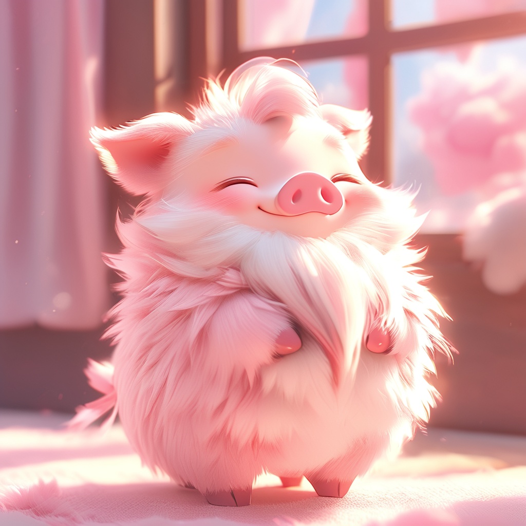 haizhu, pig, fluffy, sunlight, light particles, ^ ^, whiskers, cc-color-correction, mf-movie-filter, warm colors, whimsy and dramatic lighting, white fur, soft lighting, pig focus, no humans, closed eyes, solo, smile, full body, cute, indoors, day, closed mouth, blurry, window, blurry background, standing, happy, facing viewer, pink theme, pokemon \(creature\), animal focus<lora:haizhu_xl:0.8>,