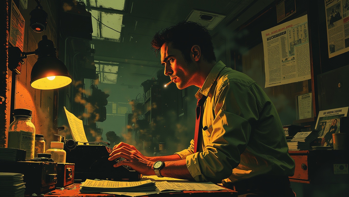 A hard-nosed journalist in a wrinkled shirt and tie,  sitting in a cramped newsroom. He furiously types on a typewriter,...