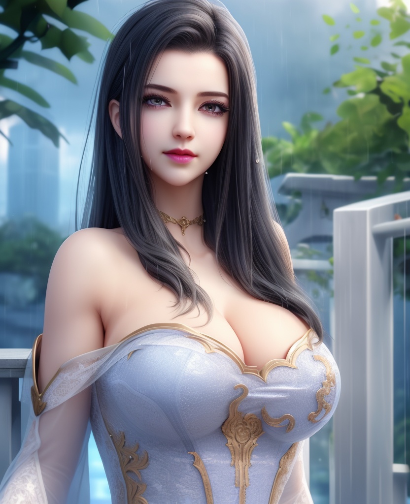 <lora:645-DA-超神学院-鹤熙:0.8>(,1girl, ,best quality, ),looking at viewer,masterpiece, (( , )),,ultra realistic 8k cg, ,      ,building, bare_shoulders,cleavage cutout, eyelashes,magic,hydrokinesis,sweat, wet, rain, ,       (cleavage), (),