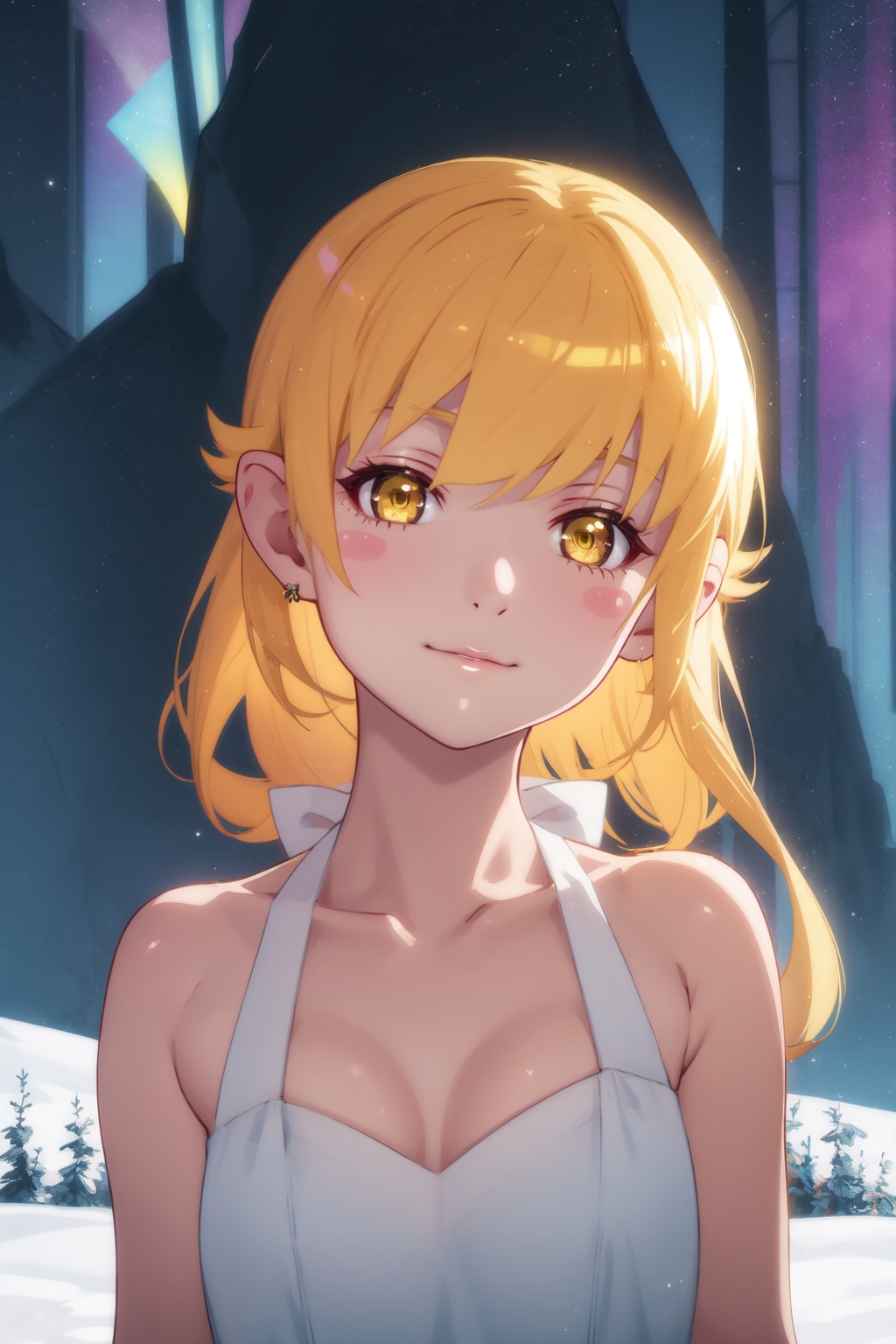 <lora:Acerola-000007:0.8>,Acerola cyql,1girl,looking at viewer,solo,blonde hair,long hair,yellow eyes,blush stickers,dress,bare shoulders,pointy ears,collarbone,bracelet,white dress,jewelry,Angry, tightened jaw, squinted eyes, and raised eyebrows.,full_shot,beautiful face,beautiful eyes,glossy skin,shiny skin,Tundra, Permafrost, Arctic fox, Caribou, Polar bear, Snowy owl, Aurora, Cold, Barren landscape,(Olive trees, Tuscan villa, Rolling hills, Harvested olives, Warm sunlight, Cypress trees:0.6),beautiful detailed sky,beautiful detailed glow,posing in front of a colorful and dynamic background,masterpiece,best quality,beautiful and aesthetic,contrapposto,female focus,wallpaper,fashion,