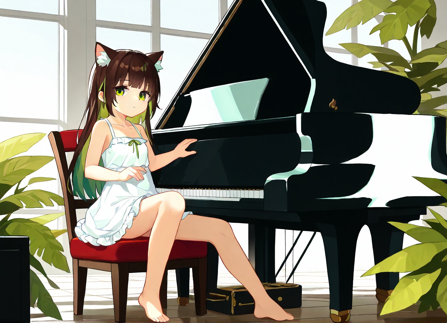 1girl, solo, dress, animal ears, sitting, green eyes, white dress, barefoot, green hair, long hair, indoors, animal ear fluff, multicolored hair, breasts, extra ears, small breasts, chair, piano, instrument, bangs, sleeveless dress, brown hair, bare shoulders, cat ears, plant, collarbone, day, closed mouth, frilled dress, bare legs, sleeveless, sundress, two-tone hair, knee up