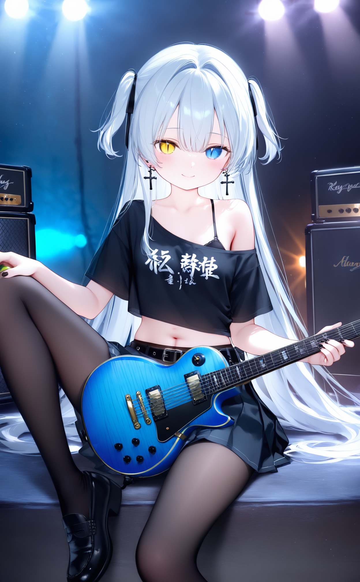 masterpiece,very awa,highres,newest,best quality,high quality,loli,chromatic_aberration,Light Blue Theme,//,1girl,instrument,pantyhose,solo,heterochromia,guitar,electric_guitar,amplifier,white_hair,navel,skirt,underwear,earrings,long_hair,blue_eyes,bra,shirt,jewelry,looking_at_viewer,smile,midriff,yellow_eyes,black_footwear,gibson_les_paul,sitting,one_side_up,black_bra,black_pantyhose,off_shoulder,belt,black_skirt,black_shirt,loafers,miniskirt,pleated_skirt,brown_pantyhose,closed_mouth,shoes,short_sleeves,cross_earrings,black_belt,crop_top,hair_between_eyes,breasts,foot_out_of_frame,stomach,indoors,cropped_shirt,bra_peek,collarbone,bra_strap,cross,blush,single_bare_shoulder,bare_shoulders,off-shoulder_shirt,speaker,knee_up,slit_pupils,very_long_hair,small_breasts,arm_support,cable,plectrum,crop_top_overhang,legs,two_side_up,holding_instrument,clothes_writing,eyelashes,single_off_shoulder,black_nails,hair_intakes,//,year_2023,year_2024,//,official art,depth of field,detailed light,blurry background,cinematic lighting,ray tracing,ultra detailed,god rays,backlighting,photo background,chromatic aberration,volumetric lighting,depth of field,blurry background,cinematic lighting,very aesthetic,