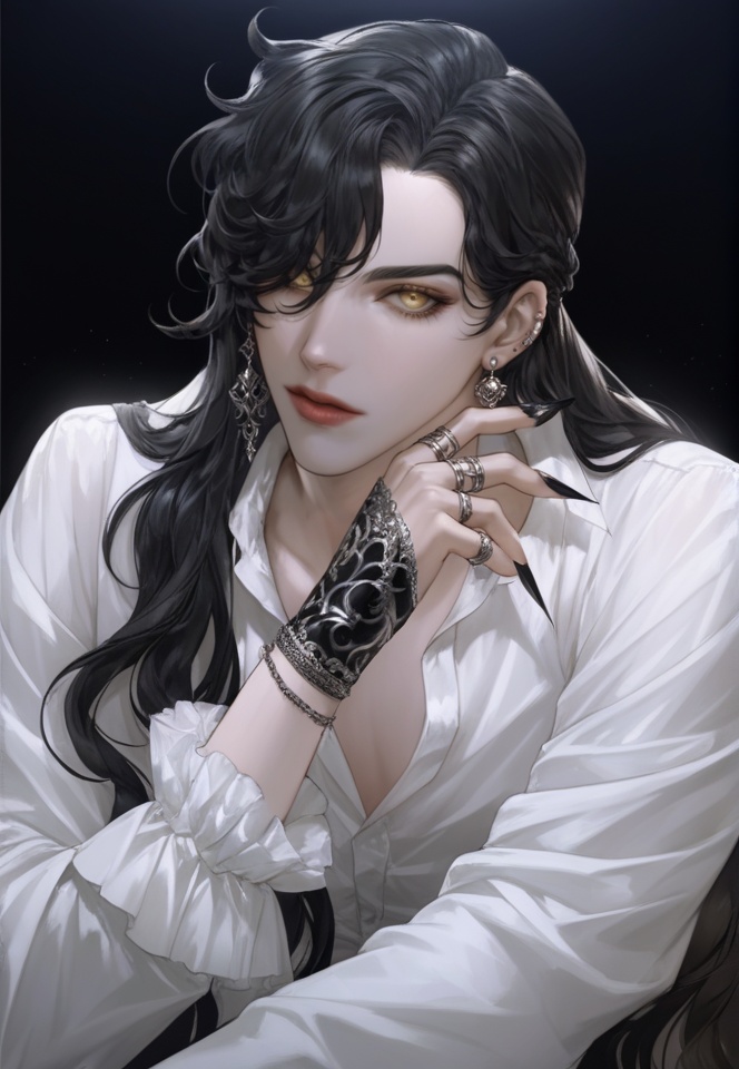 (best quality), ((masterpiece)), (highres), illustration, original, extremely detailed, <lora:美の欲:0.7>solo, 1boy, black hair, jewelry, black nails, long hair, bracelet, hair over one eye, fingernails, looking at viewer, sharp fingernails, shirt, white shirt, frills, ear piercing, braid, black background, earrings, long fingernails, long sleeves, yellow eyes, multiple rings, eyelashes, lips, frilled sleeves