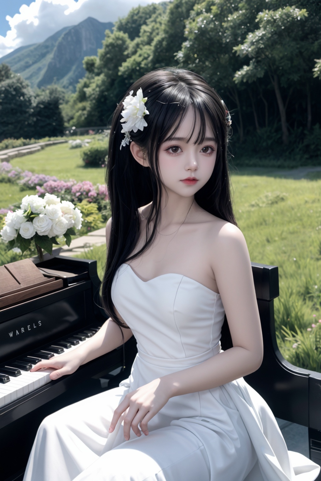 1girl,solo,long hair,piano,instrument,black eyes,dress,white dress,white hair,looking at viewer,light particles,closed mouth,indoors,jewelry,sleeveless,bare shoulders,bangs,from side,head rest on piano,head tilt,black rose,beautiful detailed eyes,detailed background,amanhecer,cloud,flower,sky,scenery,day,grass,outdoors,blue_sky,field,cloudy_sky,horizon,hydrangea,water,ocean,mountain,blue_flower,flower_field,bird,The black bow on the head,