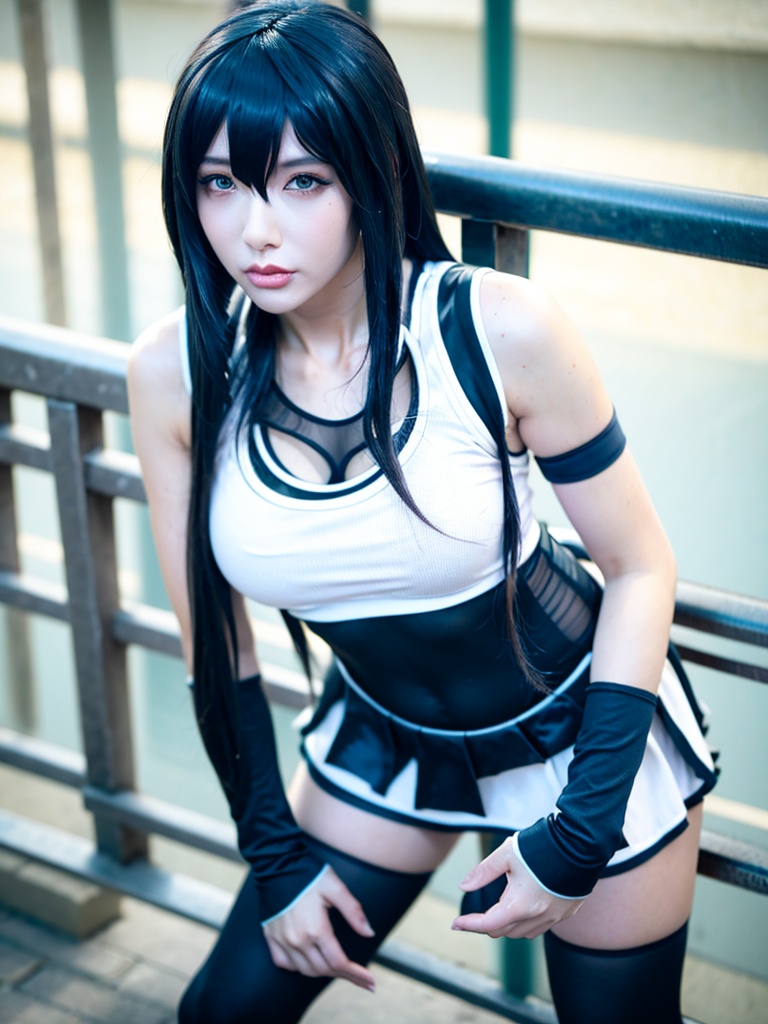 1girl,tifa lockhart,solo,skirt,thighhighs,long hair,gloves,earrings,black hair,suspenders,jewelry,crop top,black thighhighs,**** top,red eyes,black skirt,suspender skirt,elbow gloves,white **** top,looking at viewer,fingerless gloves,midriff,black sports bra,leaning forward,blurry,black gloves,large breasts,lips,arm guards,blurry background,railing,black undershirt,undershirt,collarbone,low-tied long hair,miniskirt,elbow pads,