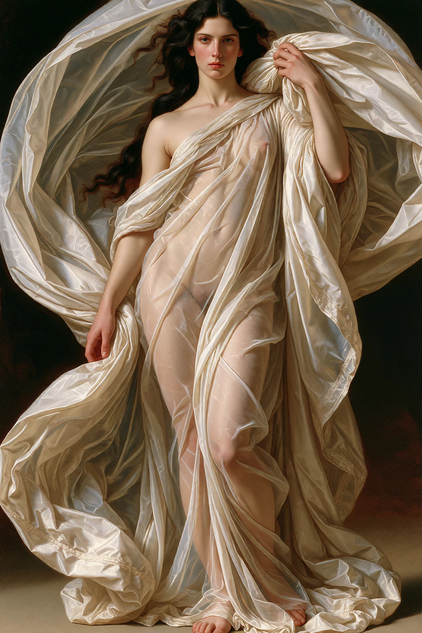 sacredmenag,  an ***** Greek goddess standing against a deep shadowed background,  statuesque and serene by getphat on Ten...