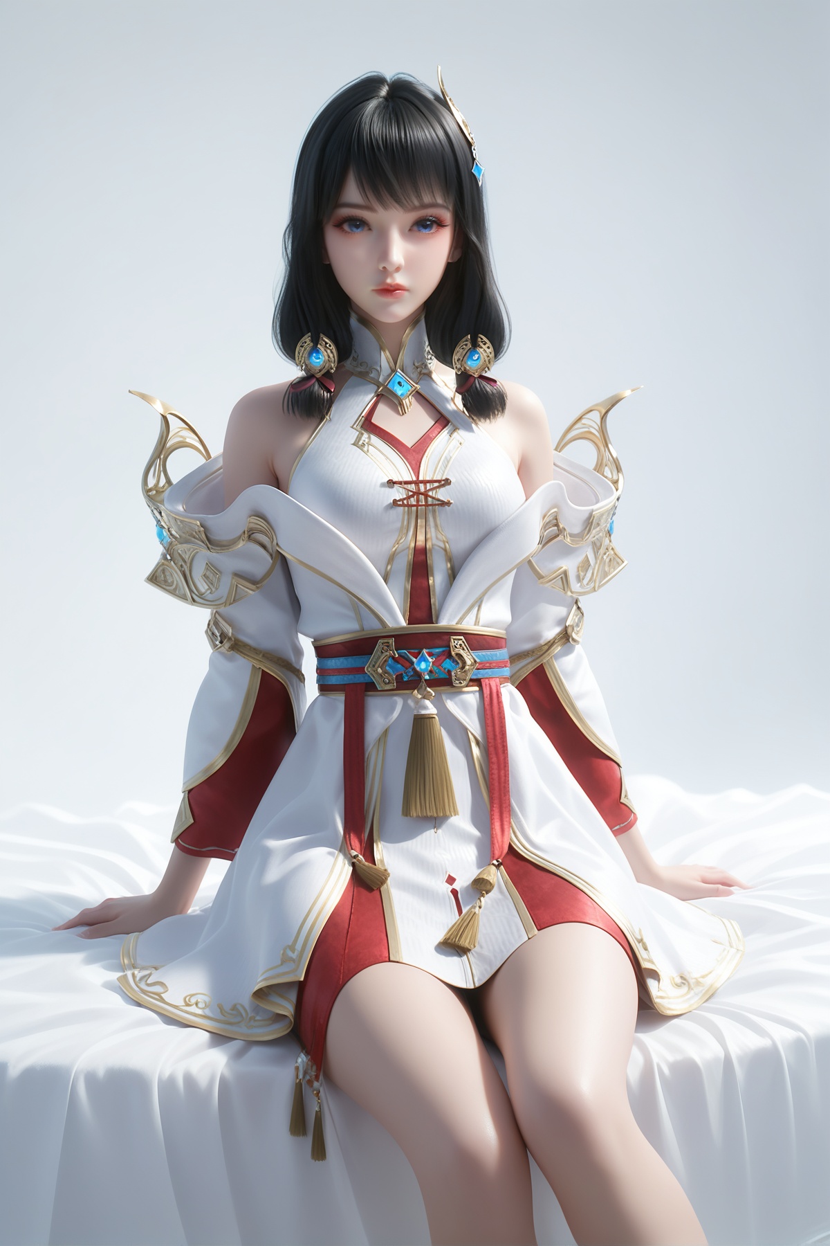 score_9,score_8_up,score_7_up,<lora:wy_yunluo_XL7.0:0.8>,1girl,solo,black hair,blue eyes,hair ornament,long hair,dress,white dress,thick_thighs,simple background,white_background,cowboy_shot,bed,sitting,