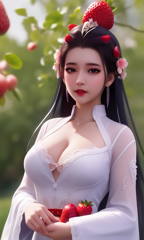 (,1girl, ,best quality, ),looking at viewer, <lora:409-DA-师兄啊师兄-皖江雨:0.8> ,, ,masterpiece, (( , )),ultra realistic 8k cg, ,    ,cleavage,strawberry blossoms,lace , (()), (),