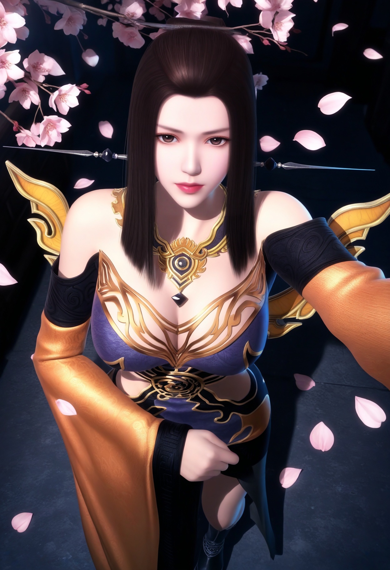 masterpiece,best quality,amazing quality,very aesthetic,high resolution,ultra-detailed,absurdres,scenery,photorealistic,(looking at viewer:1.1),(Dark room:1.3),(moody lighting:1.1),peach blossom,falling petals,(large breasts:0.8),yanfei,1girl,solo,long hair,black hair,brown hair,jewelry,dress,brown eyes,necklace,hair ornament,earrings,boots,ponytail,sidelocks,armor,detached sleeves,black footwear,high heels BREAK photorealistic details,<lora:QQSillyanfeiV1:0.8>,